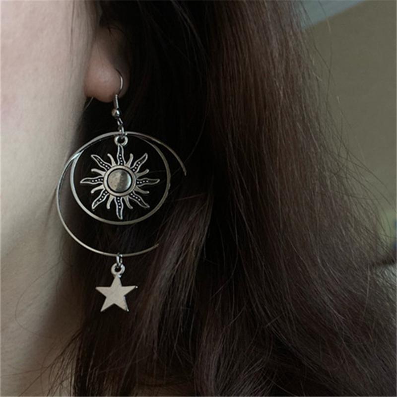 Vintage Silberne Tropfenohrringe mit Sonne, Mond und Stern für Damen, Boho-Kreis, Creolen, eleganter Schmuck