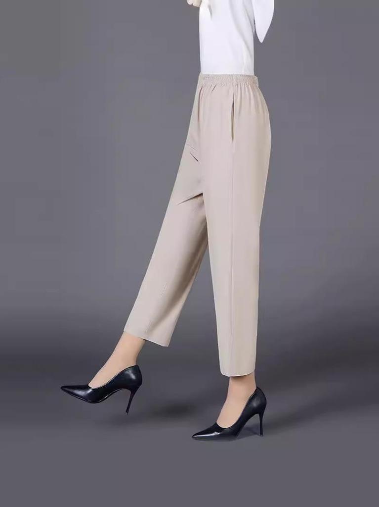 Summer Ice Silk High-Waist Elastic Pants for Middle-Aged and Older Women - Casual, Loose-Fit, Straight, Nine-Point Length
