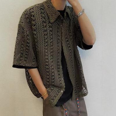 Vintage Summer Hollow Army Green Breathable Vacation Short-sleeved Shirt Men's Loose Casual Old Top Jacket