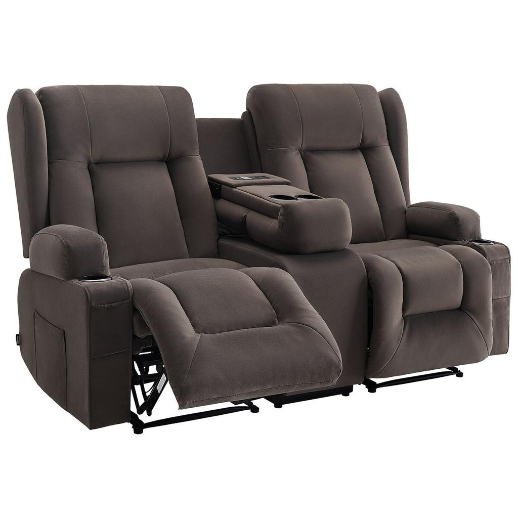 Loveseat Recliner Sofa, Power Reclining Couch with Heating & Massage, Suede Electric Recliner Sofa with Center Console, USB Ports, Cup Holders & Side