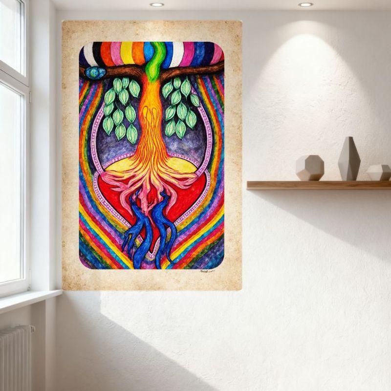 Whimsical Rainbow Tree Heart Roots Metal Tin Sign, Colorful Nature Symbol Art Decor for Home Wall, Bar, Cafe - 8x12 Inch Vintage
