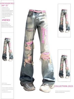 Pantalones vaqueros azules vintage rasgados para mujer, pantalones vaqueros holgados de los años 2000, cintura alta, estilo coreano Y2k, ropa streetwear femenina punk, pantalones de pernera ancha