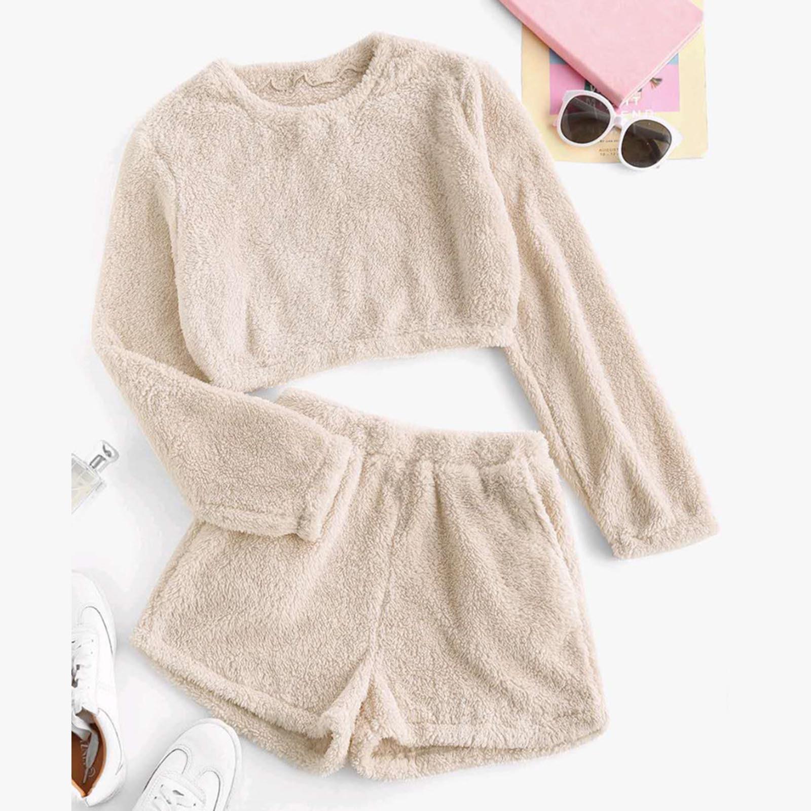 

Women s Casual High Waist Long Sleeved Plus Shorts Home Color Suit S бежевый
