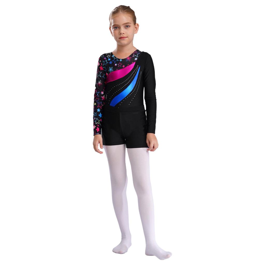 Girls Long Sleeve Round Neck Rhinestones Printed Patchwork Leotard V Front Waistband Shorts Dance Set