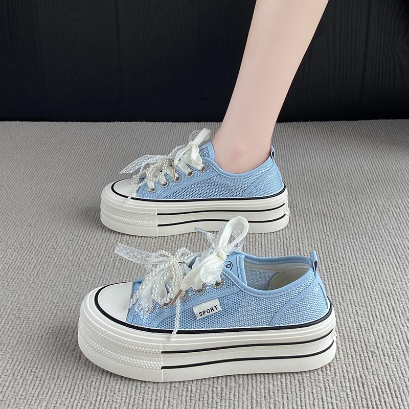 Fashion CRLAYDK Fashion Platform Mesh Shoes for Women Lace Pearl Casual Sneakers Ladies Lace Up Sports Walking Breathable Tennis
