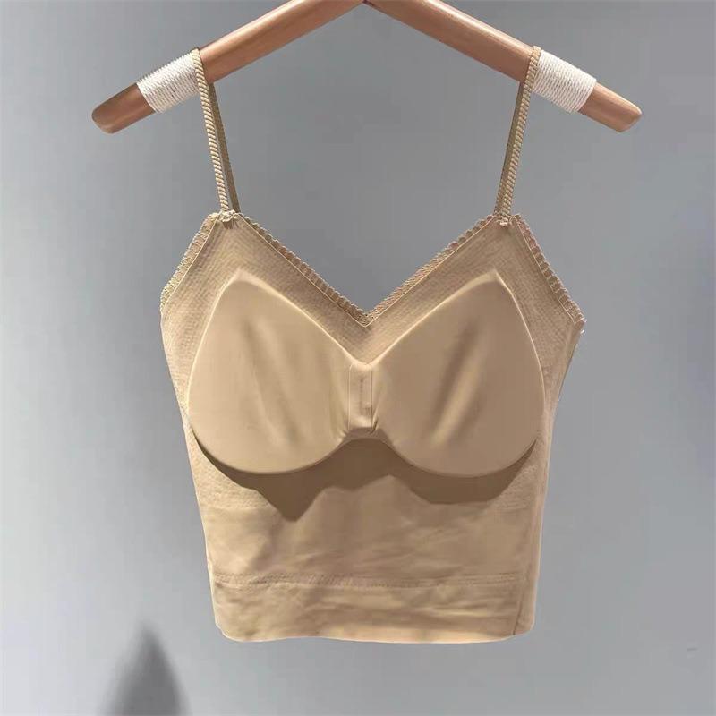 French Pleated Strappy Backless Cami with Built-in Wireless Seamless Comfortable Bralette