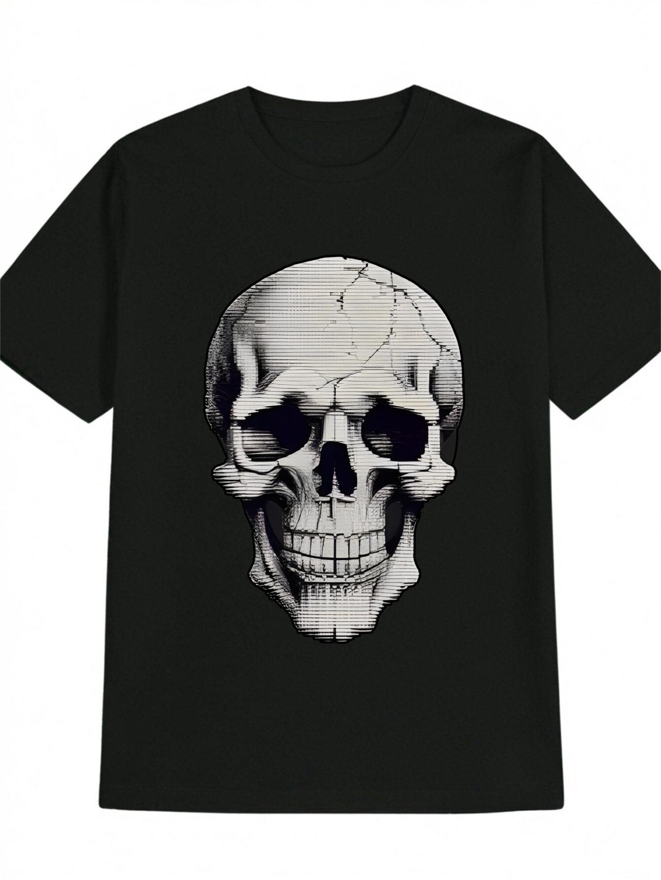 Casual Crew Neck T-shirt with Skull & Cracked Design - Black XXXL