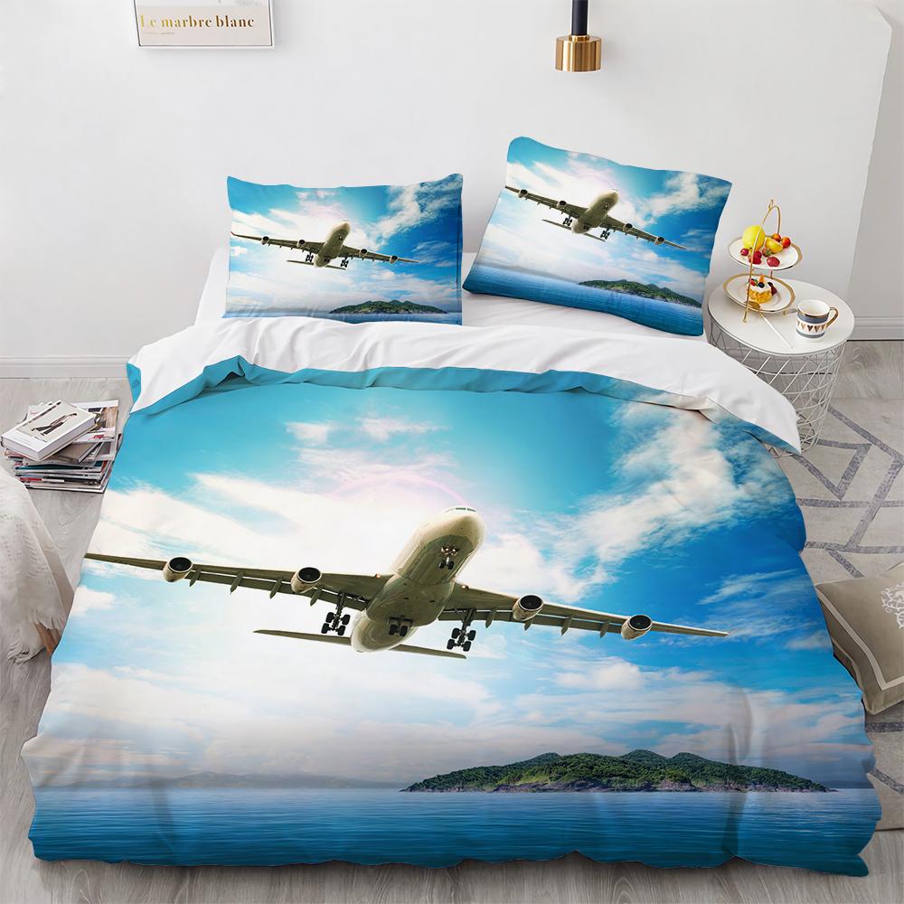 3D Flygplan Kung Drottning Påslakan Rosa Passagerarflygplan Sängkläder Set För Vuxna Himmel Hav Naturlandskap 2/3 st Polyester Täcke