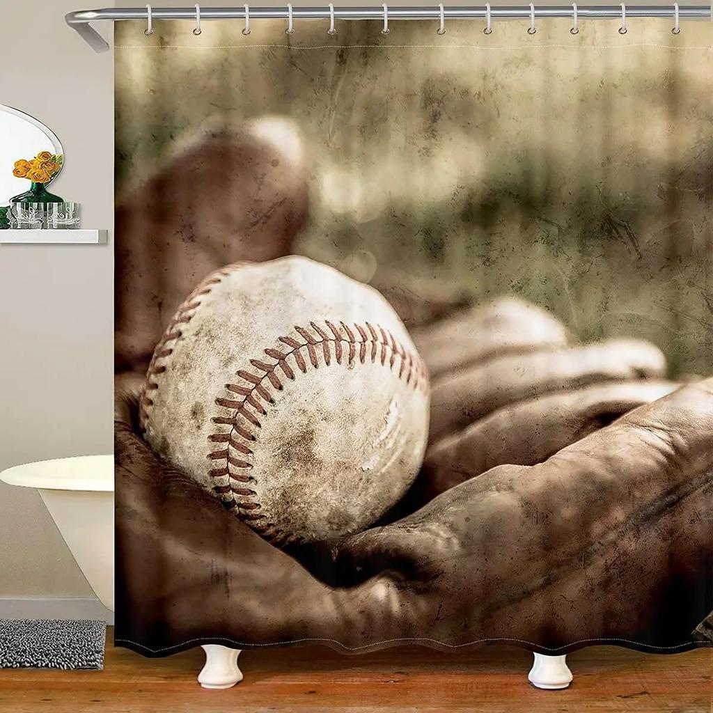 Baseball Shower Curtain Baseball Glove Sports Theme Polyester Fabric Bathtub Screen Home Decor Bathroom Curtains Set with Hooks