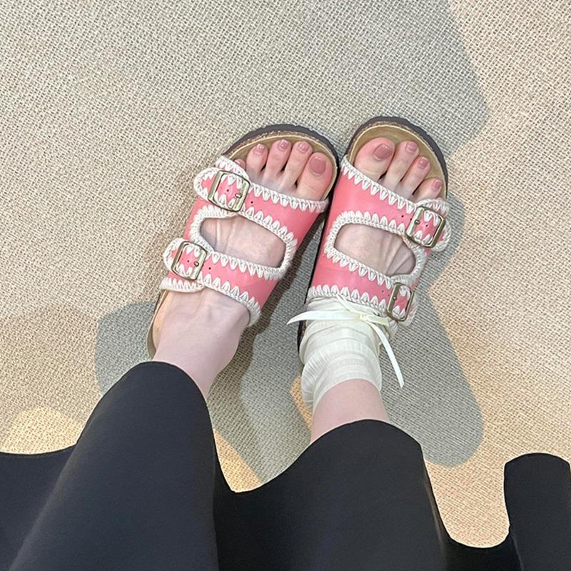 Sheepskin version~ Round head leather outer wear open-toed women's retro thick-soled versatile comfortable flat-bottomed one-word slippers