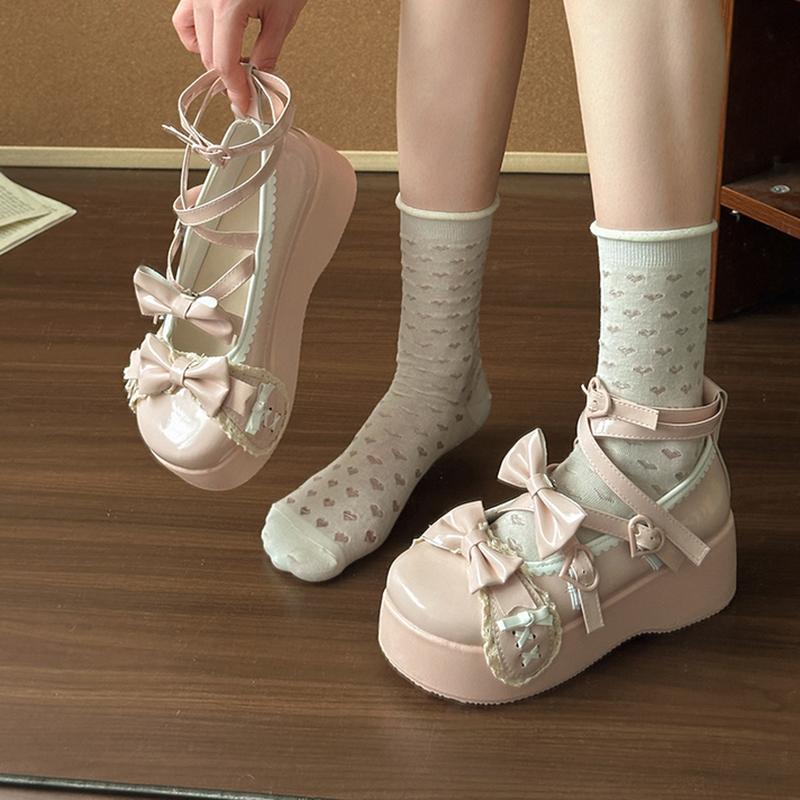 Fashion Sweet Lolita Patent Leather Mary Jane Shoes Women 2025 Autumn Cute Bowknot Decoration Thick Bottom Shoes Y2K Ankle Strap Pumps