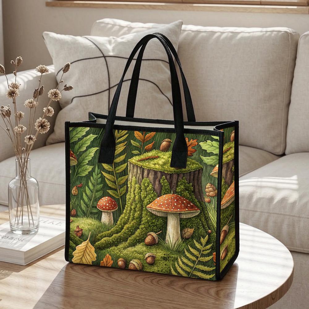 Cute Mushroom Forest Print Casual Tote Bag for Daily Use Shopping Portable Shoulder Bag 