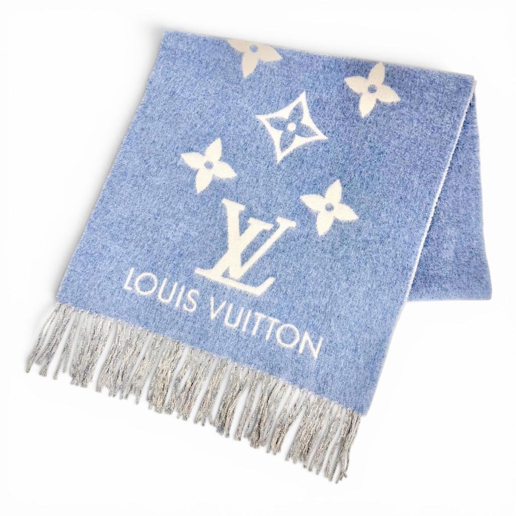 Great LOUIS VUITTON Scarf Escalp Reykjavik Monogram fringe blue cashmere M75704 Used