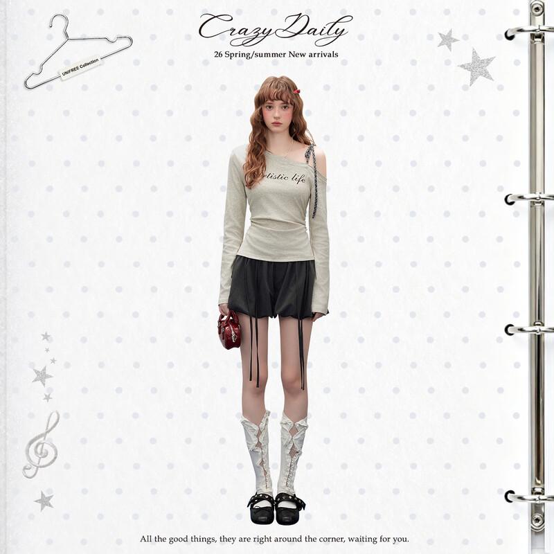 unifree American Retro Letter Print Off-Shoulder T-Shirt