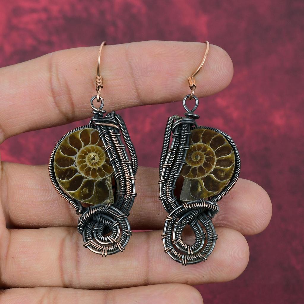 Ammonite Fossil Earring Copper Wire Wrapped Earring Handmade Dangle Jewelry Natural Gemstone Earring Anniversary Gifts Copper Wire Jewelry
