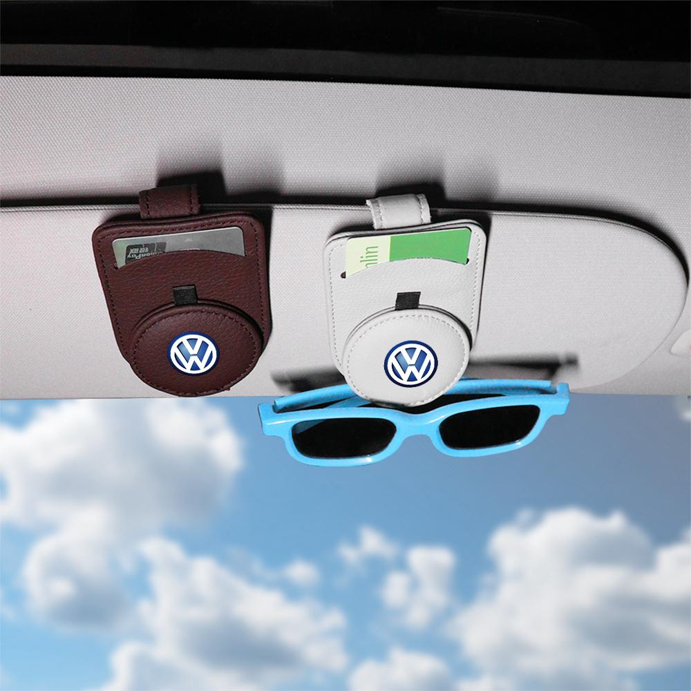 W14-Leather Car Sun Visor Glasses Holder Sunglasses Card Clip For Volkswagen VW R Polo Passat Rline Golf 4 5 6 Tiguan Jetta GTI ID.3
