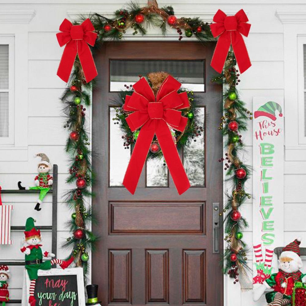Large Red Christmas Bows Outdoor Decorations Christmas Tree Top Bow Velvet Wreath with Glitter Gold Edge Front Door Decoration
