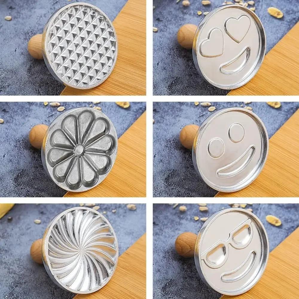 6/3/1 Cookie Cutter Aluminum Alloy Cookie Stamps Wooden Handle Smile Heart Pattern DIY Hand Press Cookie Mold for Festival Party