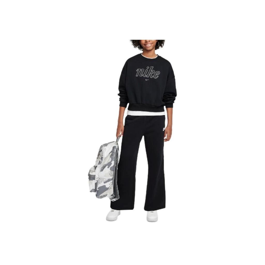 Nike Sportswear Club Fleece Lightweight Soft Warm Embroidered Logo Crewneck Long Sleeve Kids Tops Black White FZ5566-010