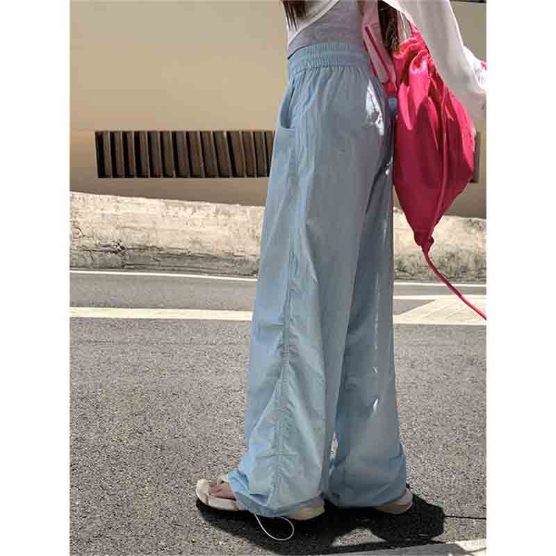 American Spicy Girl Style Casual Straight Pants Autumn Dopamine Color Loose Drawstring High Waist Pockets Quick Drying Trousers