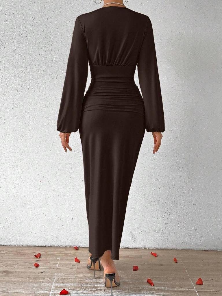 V-Neck High-Waist Slimming Long-Sleeve Evening Dress for Women