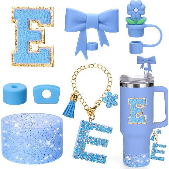 AIERSA Blue Cup Accessories Set for Stanley Cup 40 30 oz Tumbler with Handle, Cup Charms Decorations with Flower Straw Cover Topper Cap, Initial