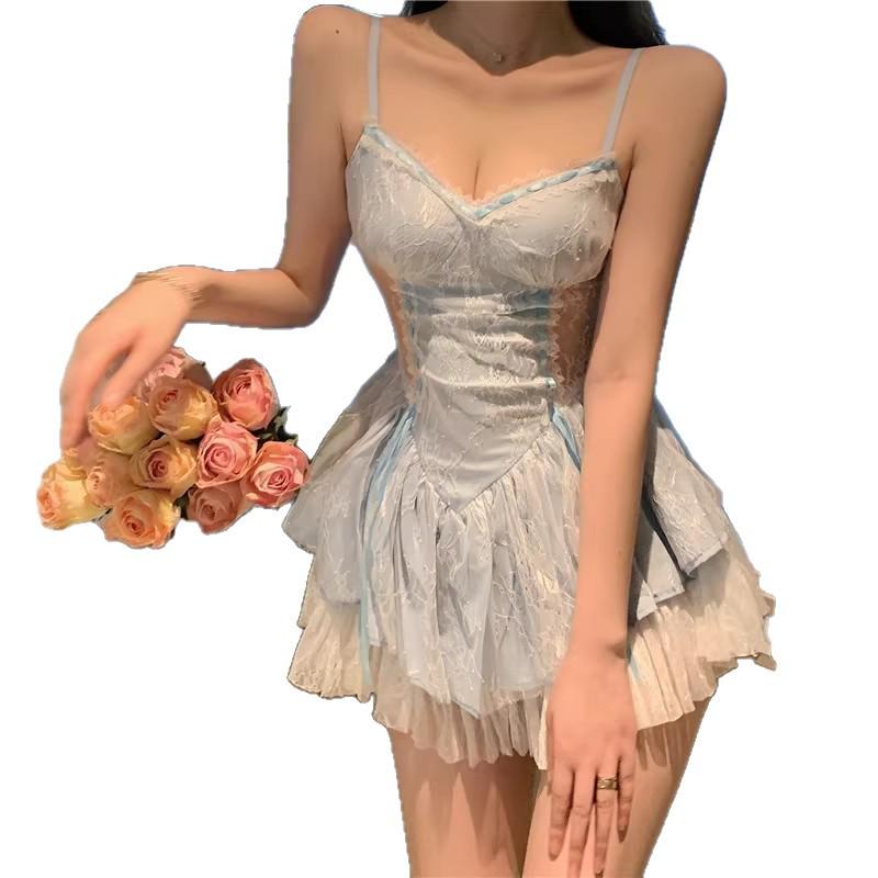 Elegant French Camisole Dress: Women's Summer Chic with Pure Net Yarn Design and Puffy Short Skirt