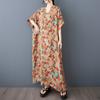 DIMANAF 2025 Sommer Damen Druck Übergröße Langes Leinenkleid Kurzarm Vintage Casual V-Ausschnitt Basic Lockeres Kleid