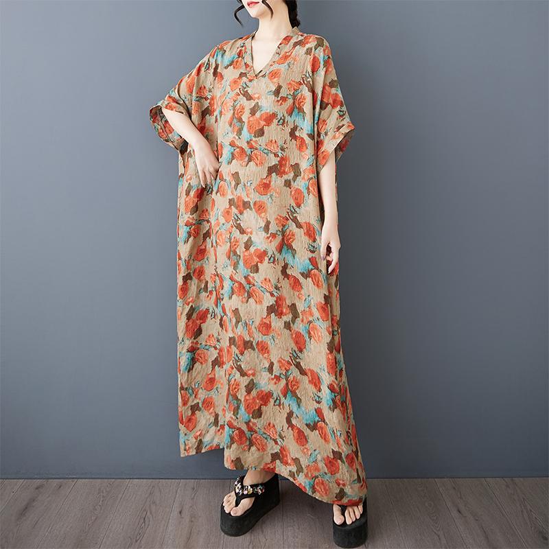 DIMANAF 2025 Sommer Damen Druck Übergröße Langes Leinenkleid Kurzarm Vintage Casual V-Ausschnitt Basic Lockeres Kleid