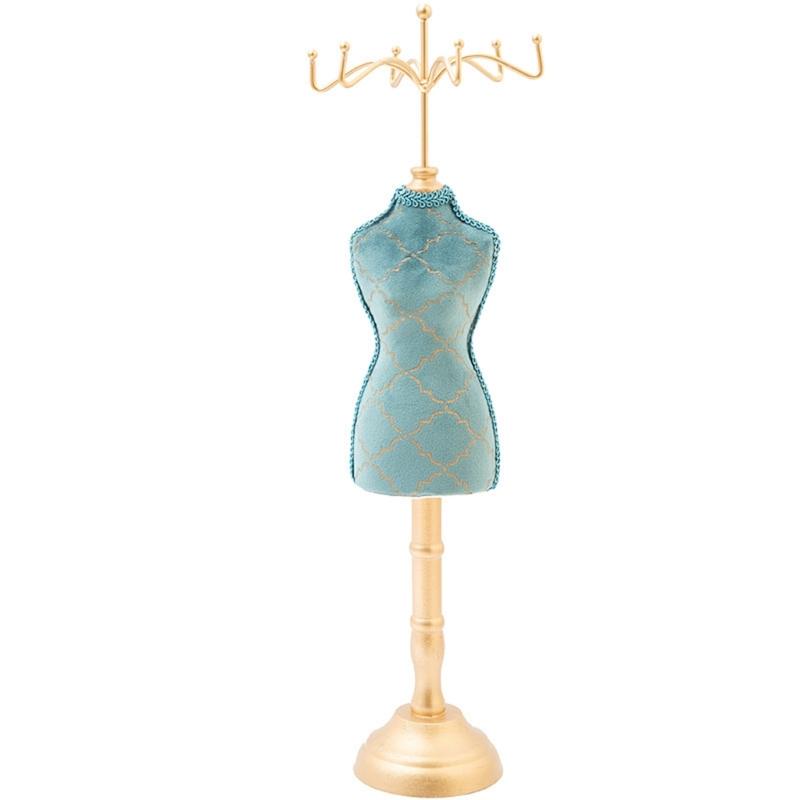 Elegant Jewelry Stand For Women Blue Mannequin Princess Dress Necklace Earring Stand Holder With Gold Accent