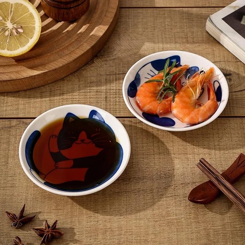 Japanischen Stil Keramik Dessert Sauce Teller Geschirr Kreative Niedlichen Cartoon Glückliche Katze Muster Wasser Tropfen Form Obst Sushi Platten