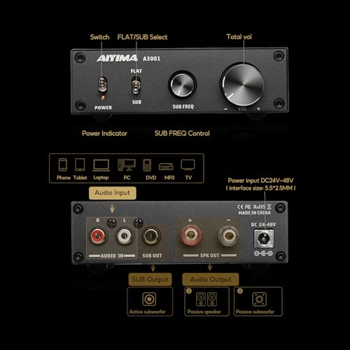 AIYIMA A3001 Mini Stereo Amplifier 300W Subwoofer Amplifier TPA3255 Class D Mono Amplifier Full Frequency & Sub-Bass Home Audio Speaker Amplifier + Po