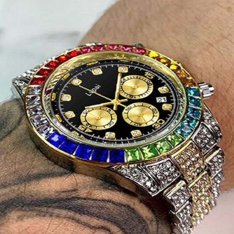 Wristwatch for Men Colour Rhinestone Calendar Quartz Watch Hip Hop Clock