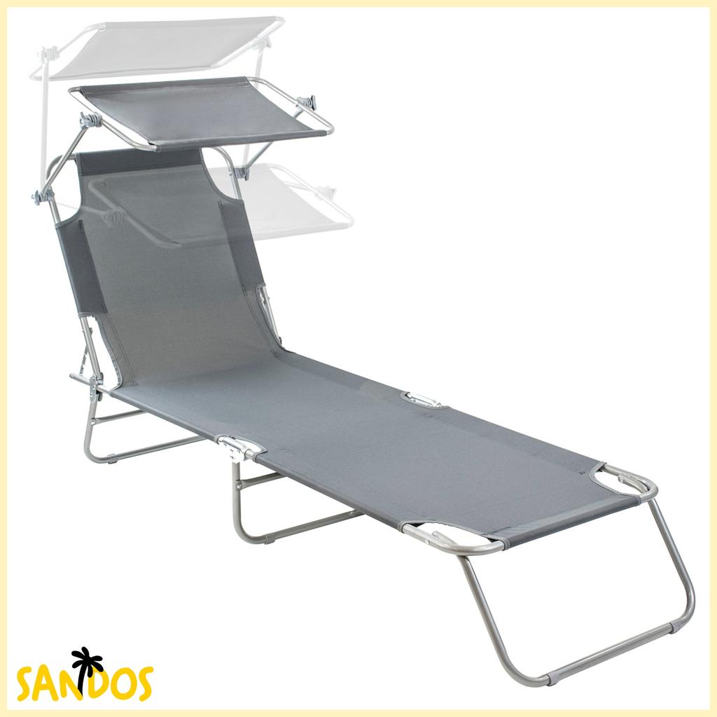 Folding Garden Beach Lounger with Roof, Pool Sunbathing Bed, Gray