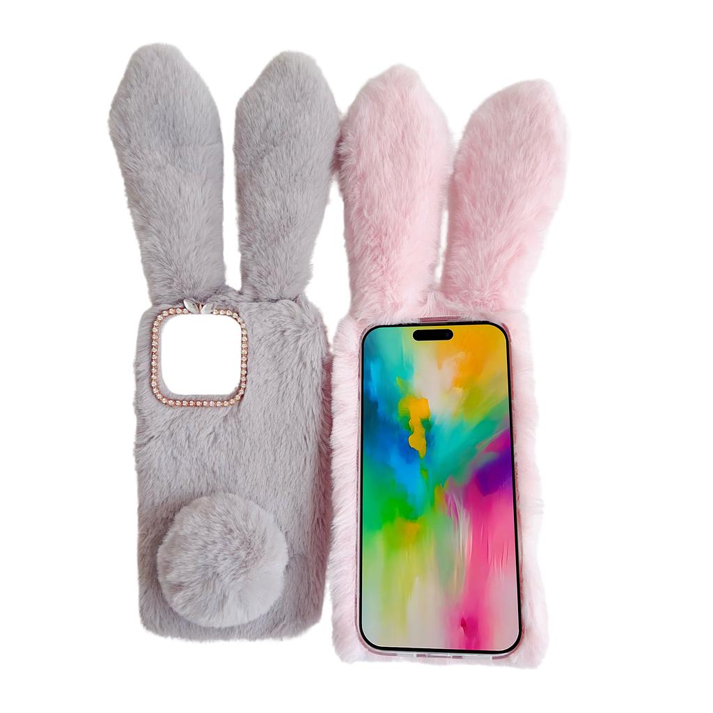 For iPhone 16 Pro Case Bunny Ears Furry Soft TPU Protective Phone Cover