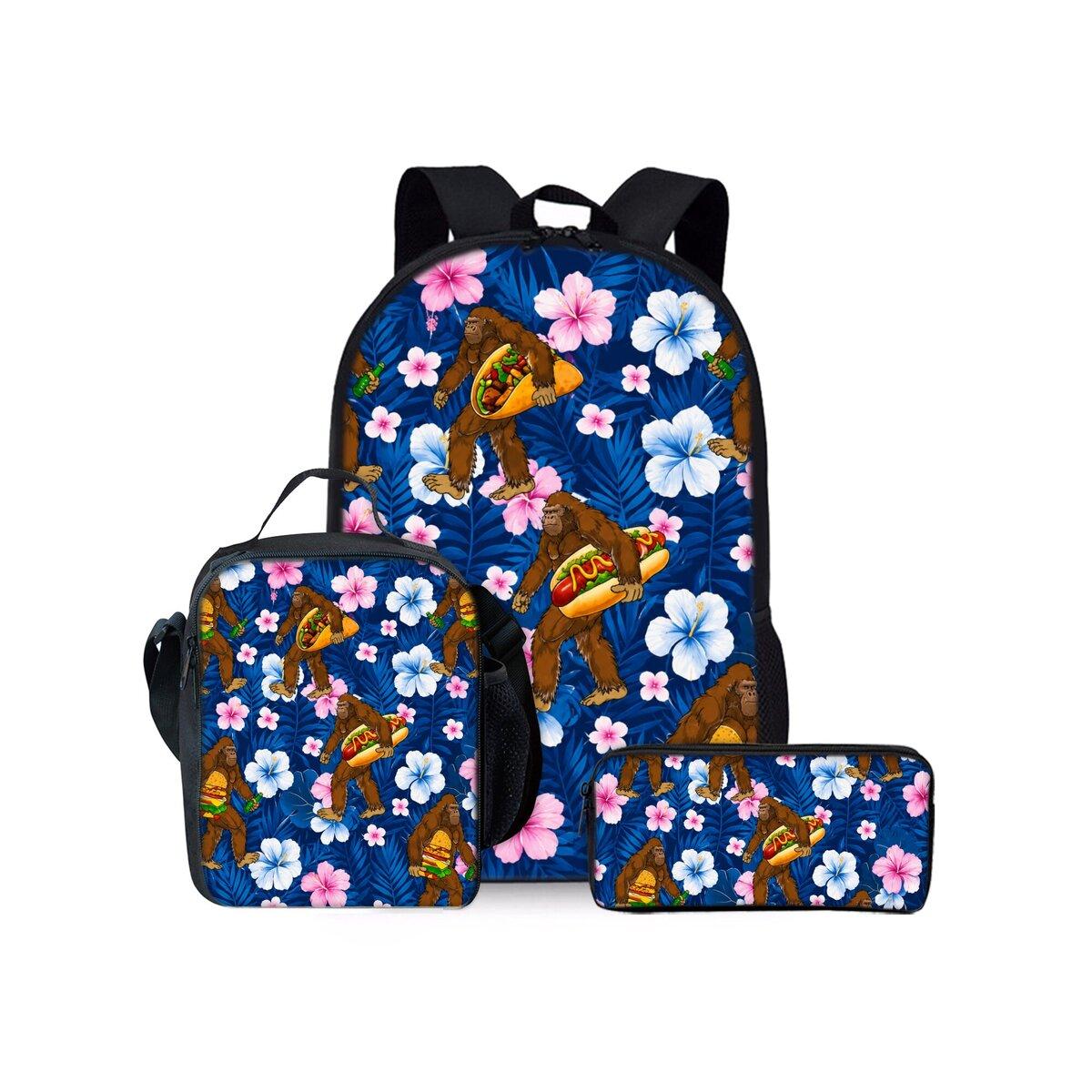 Ensemble de trois sacs à dos Hot Dog Imprimé Chimpanzé pour Garçon et Fille Meilleurs Cadeaux Sac à Dos Scolaire Plat Dessin Animé 2D pour Enfants