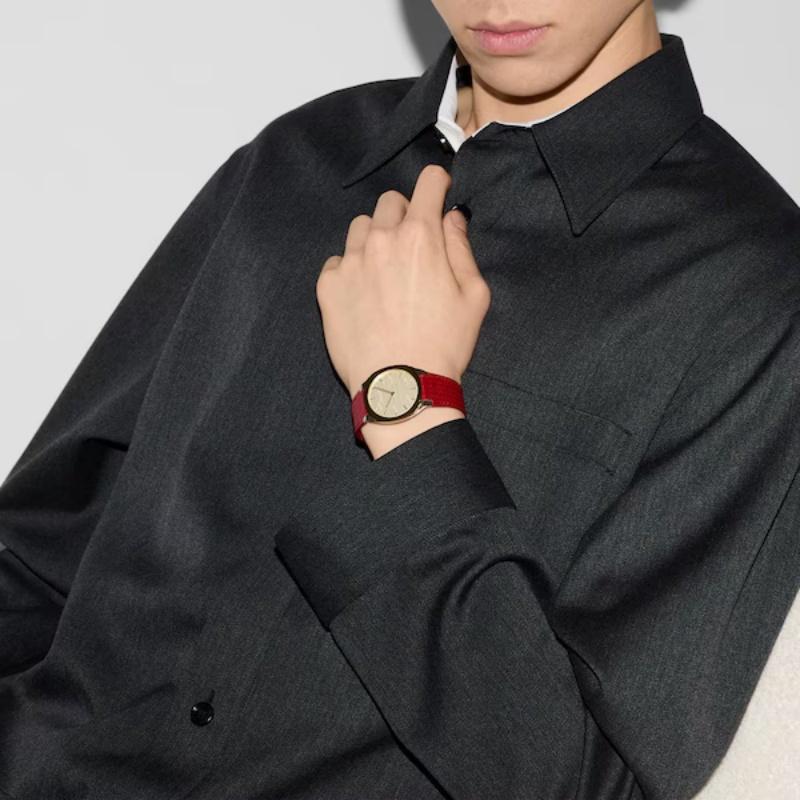 Gucci 25H Gold Dial Watch Red Leather Strap YA163415