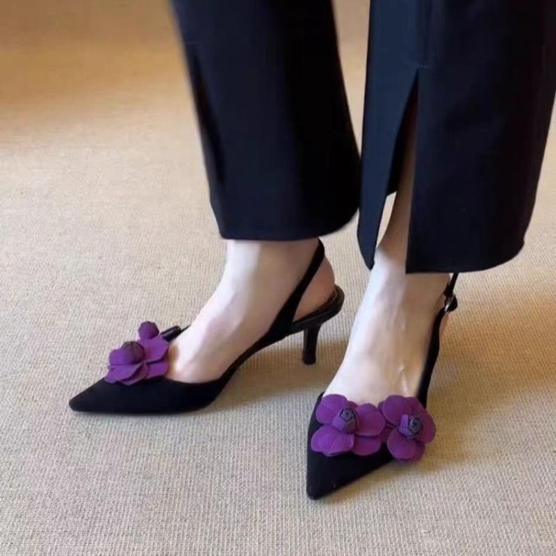Fashion Retro Pointed Toe Stereo Flower Baotou Sandals Women Stiletto Heel Back Trip Strap with Skirt Sandals Women Outside Wear