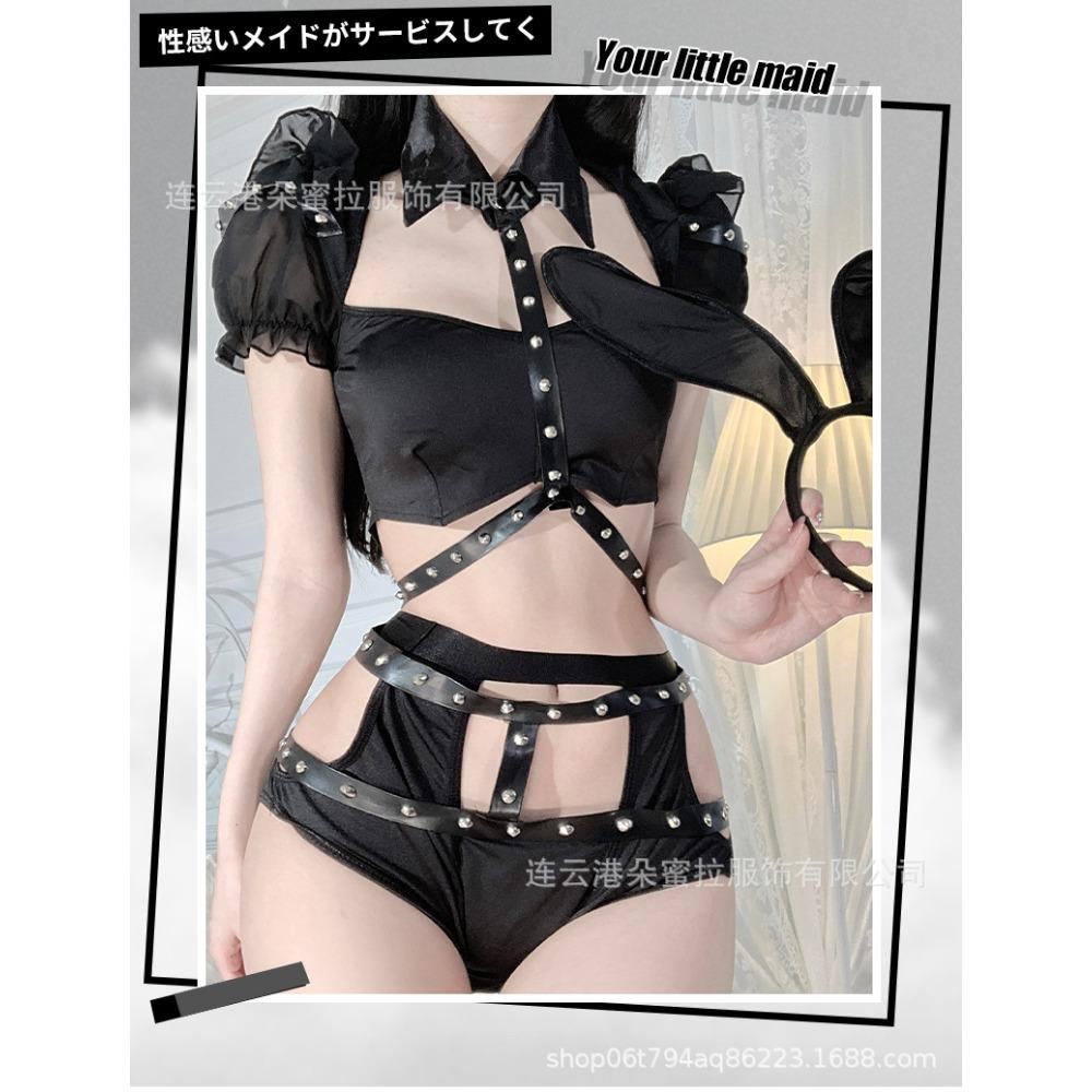 Domila Sexy Lingerie Women's Rivets Hollow One-piece Sexy Bunny Suit Small Breasts Gather Cosplay