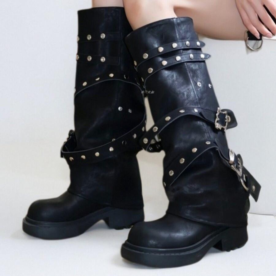 Retro Riveted Trouser Tube Boots Round Head Thin Yadan Style Long Boots 2025 Autumn Thick-soled Niche Design Knight Boots