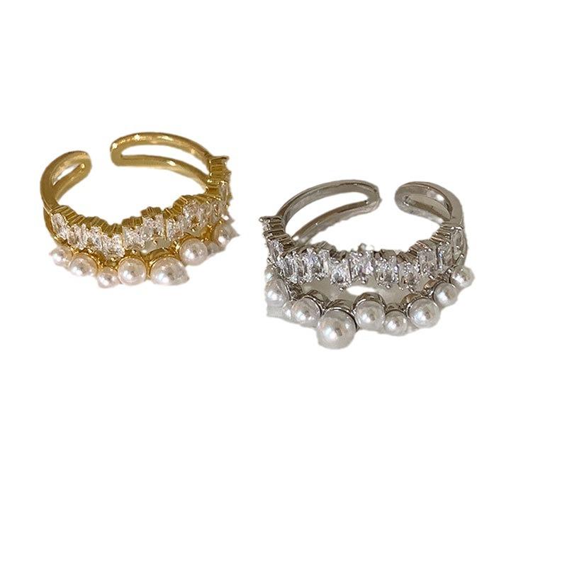 Bague Ouverte Double Métal Zircon Perle Femme Luxe Léger Rétro Exquis Mode Bague Polyvalente