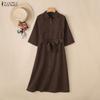 ZANZEA Women Casual Turn Down Collar Loose Half Sleeve Dress