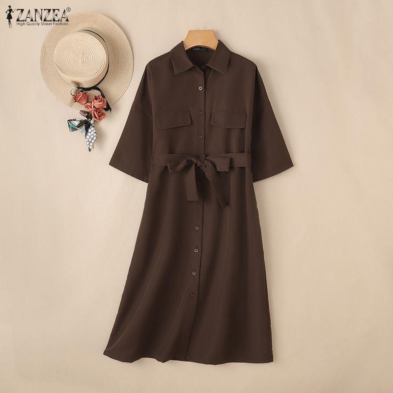 ZANZEA Women Casual Turn Down Collar Loose Half Sleeve Dress