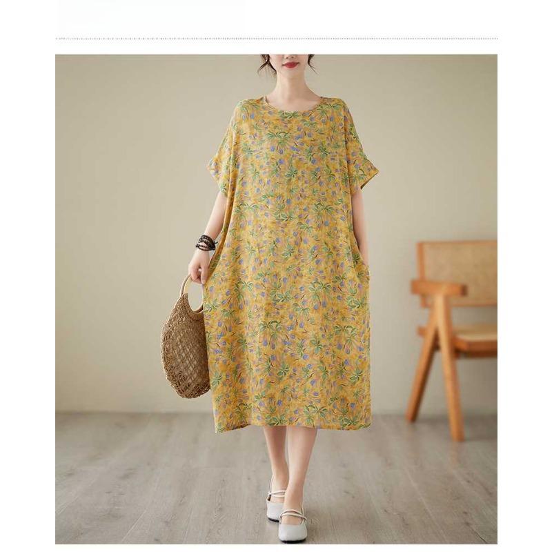 Summer New Yellow Floral Loose Thin Mid-length Temperament Dress Women
