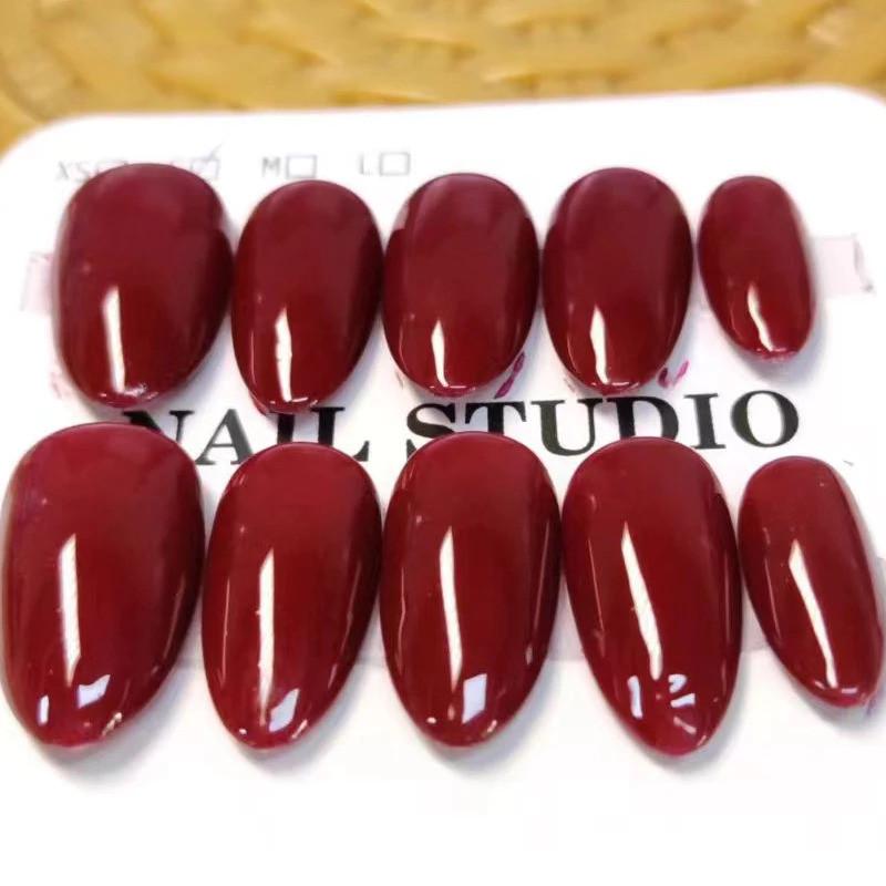100% Handmade Short Almond Shape Deep Dark Red Fake Nail Set With Glue & Box Minimalism Simple Artificial Nails Phototherapy Press On Nails