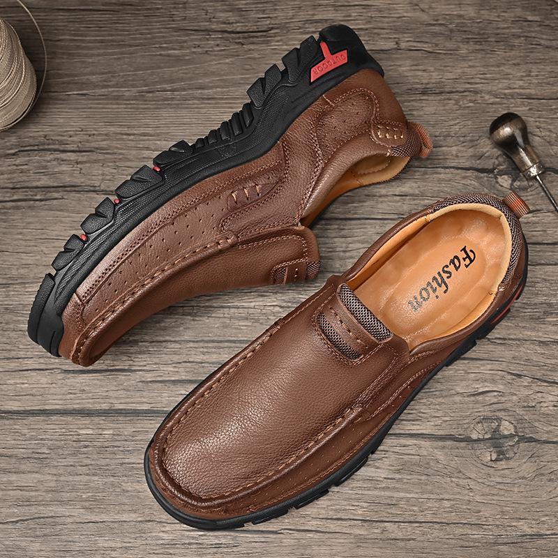 Men's Outdoor Casual Slip-On Leather Shoes - Large Size, Non-Slip, Wear-Resistant, Soft Sole