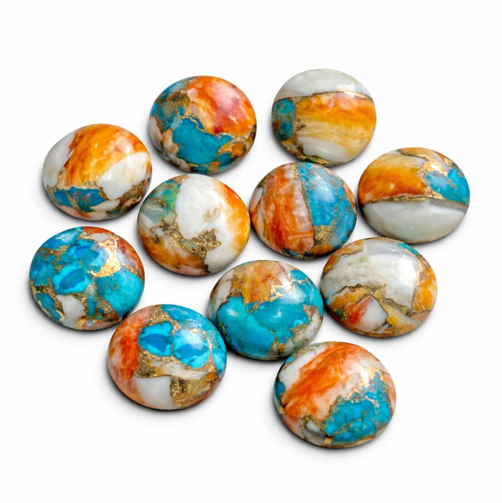 Spiny Oyster Turquoise Cabochon Round Flat Back Gemstone, Natural Orange Blue Turquoise Loose Stone for Jewelry Making