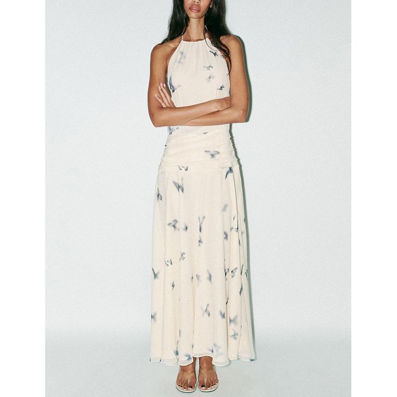 Summer New Product Women's Clothes Fashion Wind Ruched Design Animal Print Hanging Collar Long Dress 3676339