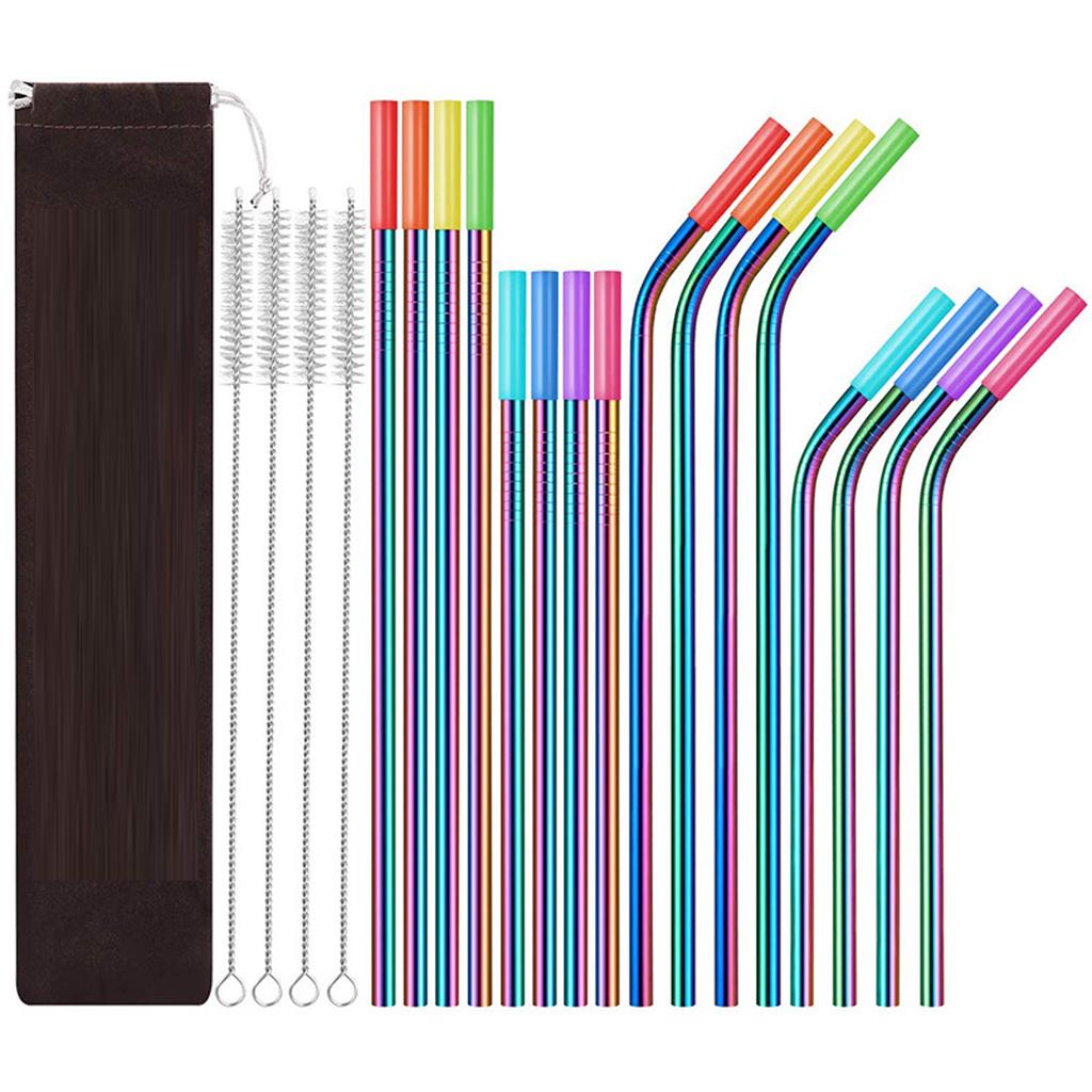 21 Piece Stainless Steel Straw Set with Silicone Tips and Cleaning Brushes Reusable Metal Straws for Cold and Hot Beverages Includes Carrying Pouch