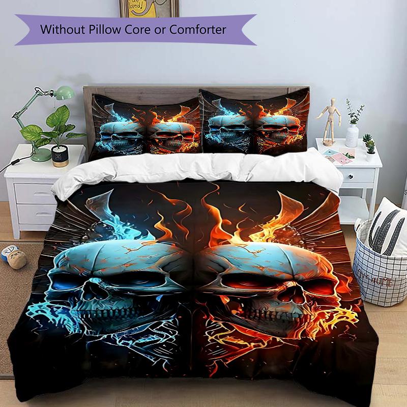

3pcs Anime Skulls Flames Wings Comforter Set with One Quilt Cover and Two Pillowcases (No Core) - Home Decor, Festival Gift, Polyester Fabric, Bedroom 135x200cm